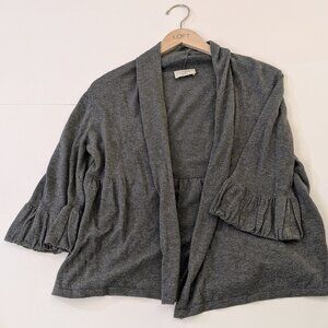 Ann Taylor Loft Open Front Cowl Grey Peplum 3/4 Sleeve Ruffle Wrist Cardigan